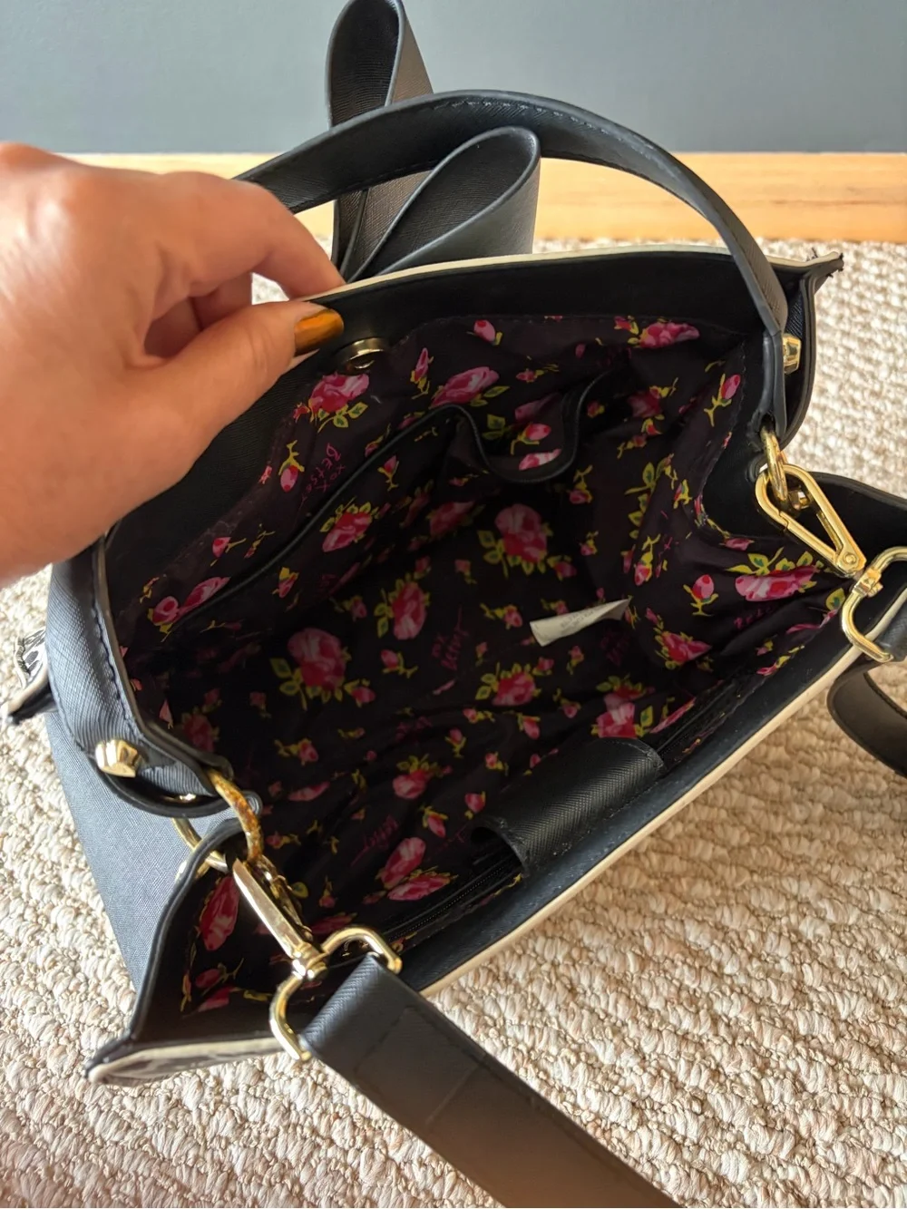 Betsey Johnson Black and Cream Floral Bow-Front Top Handle Satchel